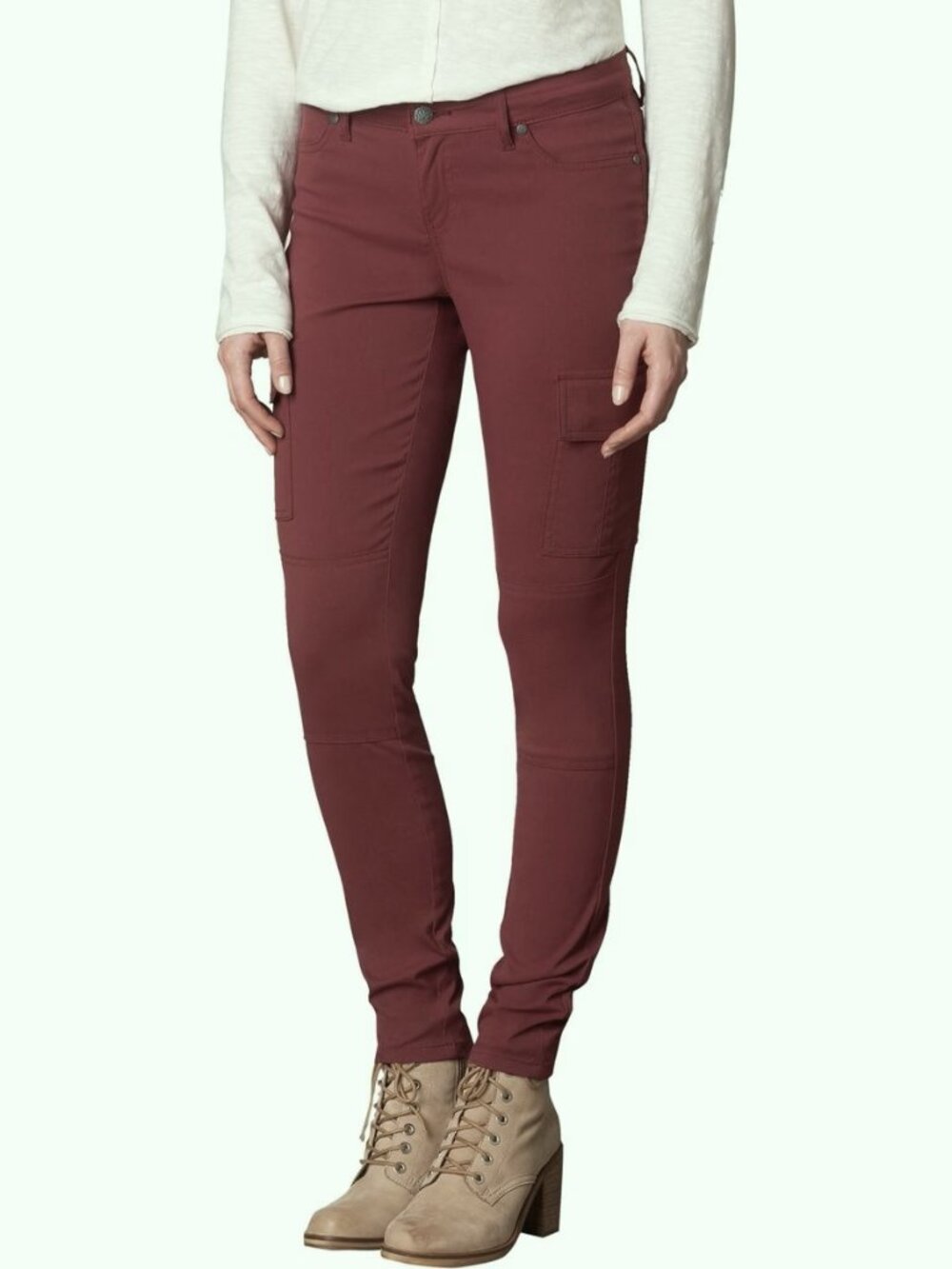 PrAna Womens Sz 4 Meme Skinny Stretch Cargo Hiking Pants Deep Burgundy Brown EUC